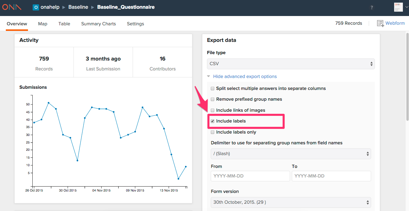 Export data with labels