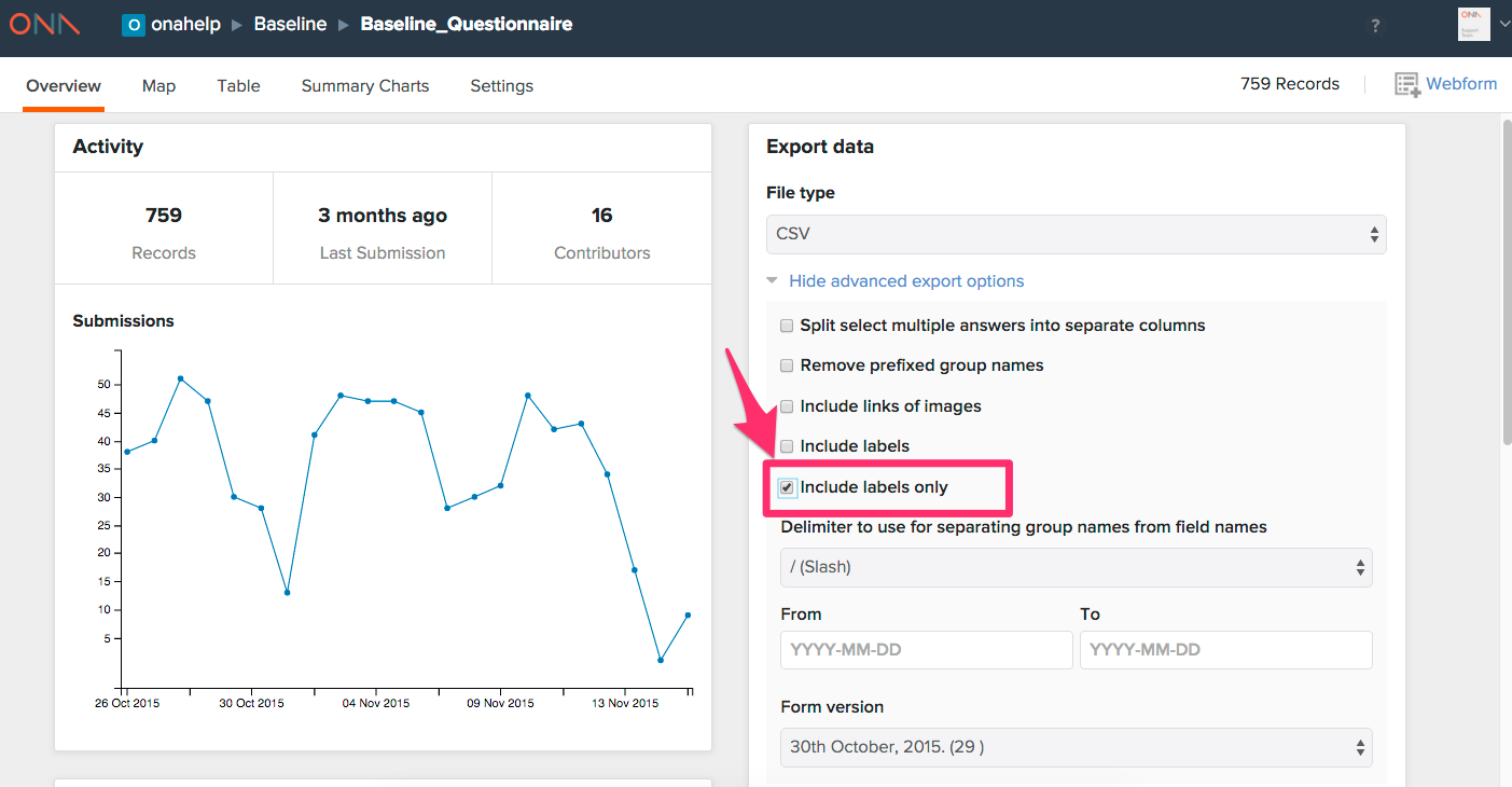 Export data with labels