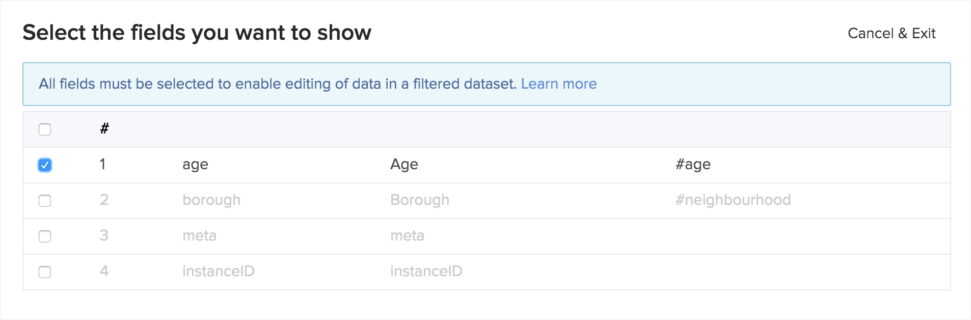 HXL create filtered dataset